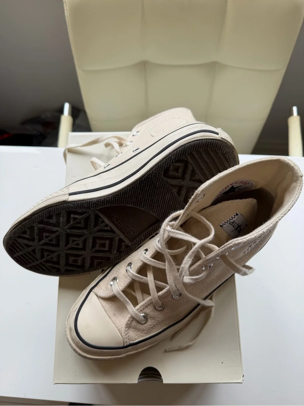 Converse High Top Sneakers in Cream with Black Trim and Rhinestone Star